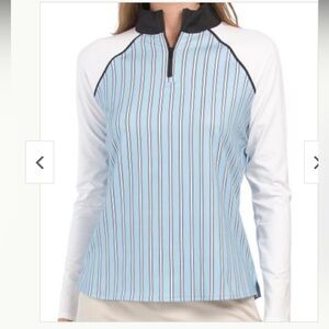 BELYN KEY Sky Blue Black & White Stripe Long Sleeve Golf Shirt Women’s Size L